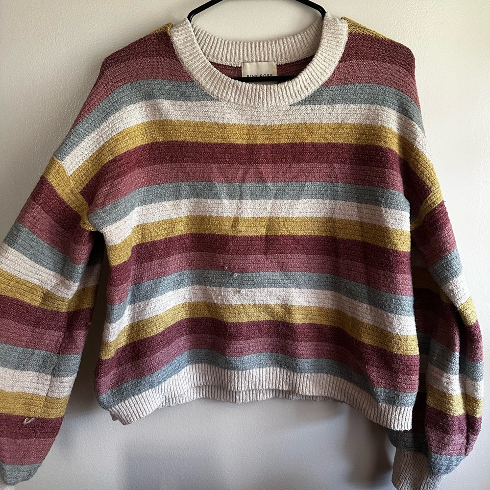 Pink Rose Striped Sweater in Cream, Maroon, Yellow, and Gray